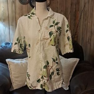 Women Pear Graphic Tropical Button Down Top Shirt Size M
